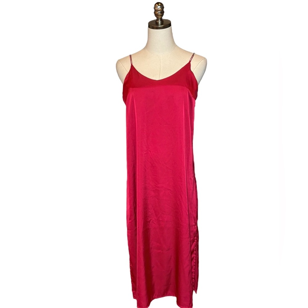 Nicole Miller Elegant Satin Slip Maxi Dress Red Rhinestone Strappy S